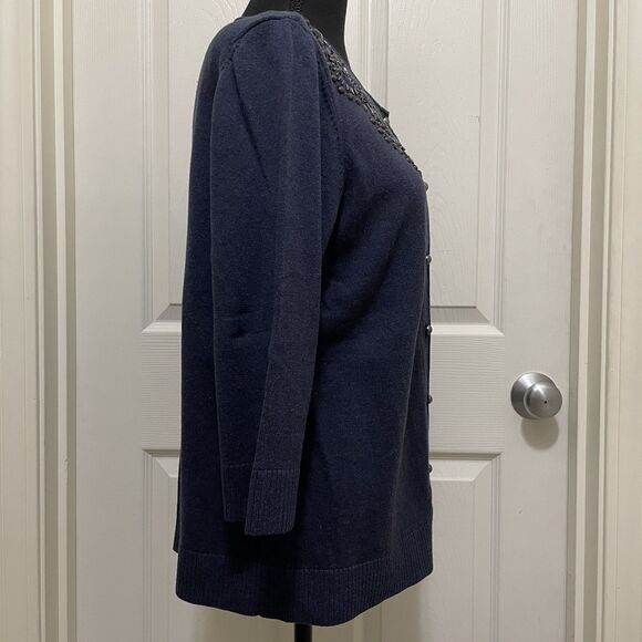Christopher & Banks Button Up Knit Cardigan 3/4‎ Sleeve Beads Embellished Large - Picture 4 of 9